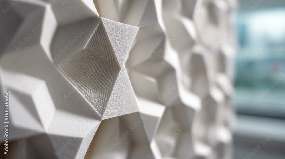 Poster detailed shot of a modular 3d printed shelf panel featuring precise geometric textures with the rest