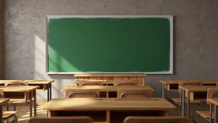 Sunlight streams into empty classroom illuminating green chalkboard and wooden desks creating an inviting learning atmosphere white background