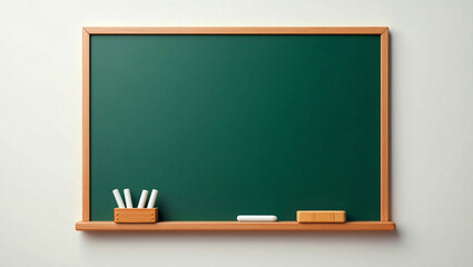 Green chalkboard with wooden frame and writing supplies ready for a lesson white background