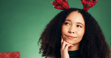 Christmas, thinking and planning with woman in studio for decision, holiday season and gift idea....