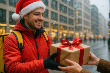delivery worker handing over a beautifully wrapped Christmas package, snow lightly falling, bright street scene with modern buildings, joyful winter holiday mood