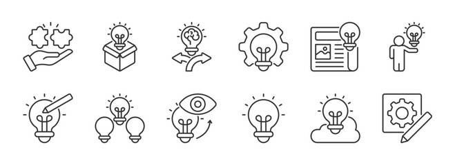 Creative idea line icon set. Brainstorming, lightbulb, brain, solution, innovation etc. Editable stroke