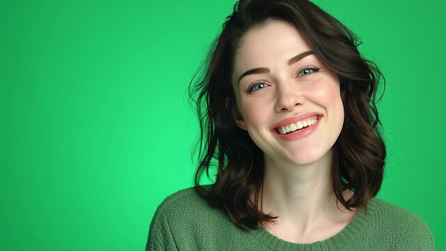 Joyful portrait of a smiling woman against a vibrant green background lifestyle photography studio environment close-up view happiness concept