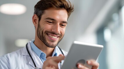 Confident male doctor in white coat with stethoscope using digital tablet in hospital, professional healthcare technology atmosphere, focused and smiling medical professional demonstrating expertise - Powered by Adobe