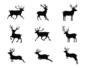 flying walking raindeer christmas set collection pack bundle black shape icon silhouette vector flat illustration design on white background