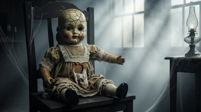 A creepy porcelain doll sits in a chair with an eerie, damaged face. The room is dark with sunlight streaking through a window.

