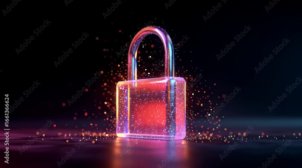 Aufkleber futuristic glowing neon holographic padlock symbolizing digital security data protection encryption 