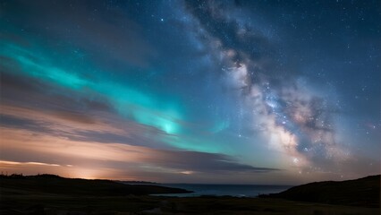 Fototapeta premium Aurora Borealis and Milky Way Over Coastal Landscape