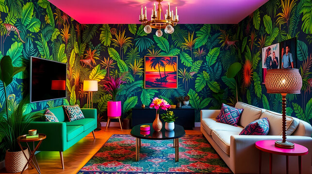 Eclectic Neon Living Room with Jungle Wallpaper and Retro Pop Accents. Tropical Inspired Home Interior Featuring Good Vibes Light and Bright Statement Decor... Home Decor.