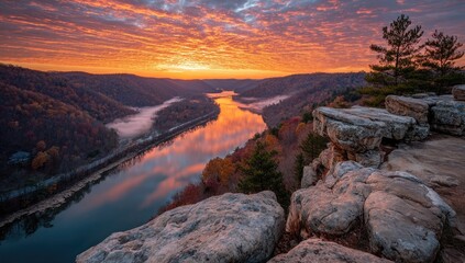 Sunrise over valley, autumn colors, rocky vista