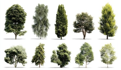Twelve diverse trees, various types and sizes, isolated on white background
