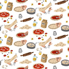 pattern of Products process of making pizza. chef's hands make dough, roll it out, add toppings. flat color illustration with doodle lines in seamless texture. Ingredients and process of making pizza