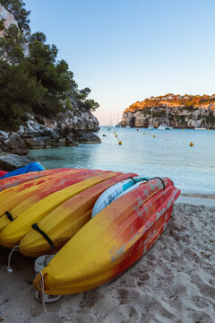 Kayaks on the beach, Cala Macarella, Menorca