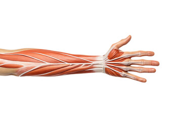 Human arm anatomy displaying muscle fibers, tendons, nerves, and skeletal structure from elbow to fingertips, isolated on a transparent background