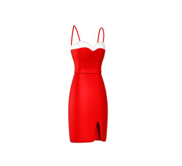 Women cocktail dress 3d render icon. Elegant girl evening gown, red romantic outfit. Fashion clothing, stylish strap dress with white bodice, cloth belt, slit isolated on background