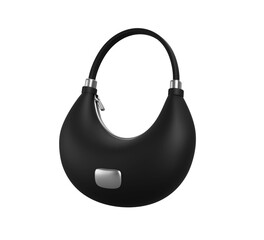 3d women black handbag. Fashion girl accessory, modern female small bag. Elegant lady leather clutch, classic woman purse isolated on blue background, realistic render icon mockup