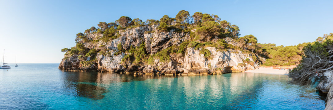 Panoramic of Cala Macarelleta at sunrise, Menorca