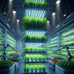 A futuristic indoor vertical farm with multiple tiers of green plants growing under bright LED lights, featuring automated robotic arms for cultivation.