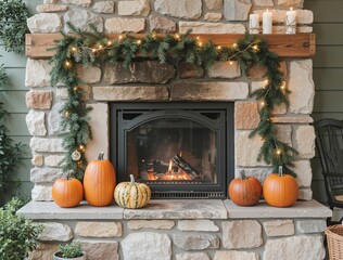 Fireplace decorated for autumn with pumpkins and string lights