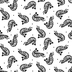 Shrimp doodle pattern. Freshly caught seafood. Underwater animal with a head and long whiskers. Engraving, monochrome hand-drawn in a seamless texture Cute kitchen texture for towels and napkins
