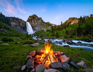 Campfire by waterfall in mountains