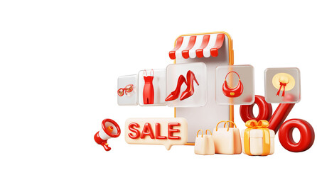 Online fashion shop sale banner. Render smartphone with big choice of women clothes and shoes in app with loudspeaker, discount speech bubble, percent sign, shopping bag and gift box