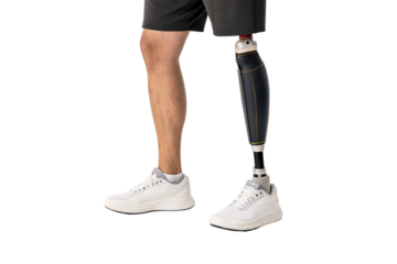 Advanced below-knee prosthetic limb with metallic components and white running shoes on amputee, isolated on a transparent background
