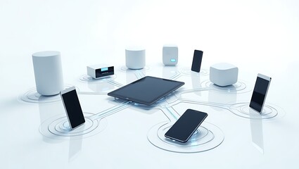Smart home IoT devices connected ecosystem with smartphone tablet laptop and speakers