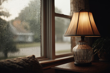 fogged window adorned with droplets of rain creates warm and cozy atmosphere within home