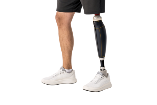 Advanced below-knee prosthetic limb with metallic components and white running shoes on amputee, isolated on a transparent background