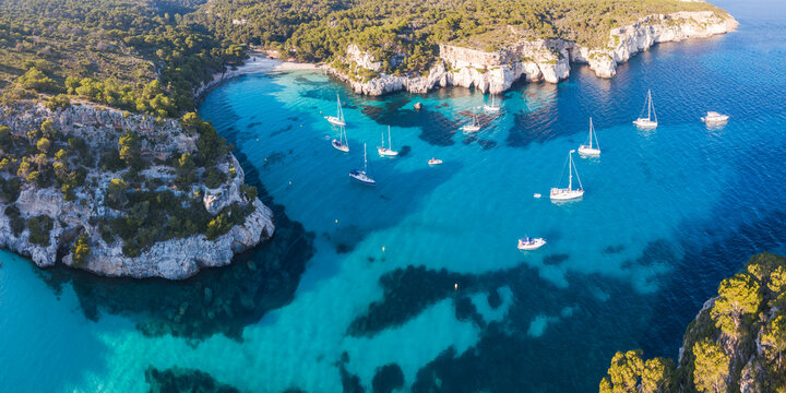 Aerial panorama of Cala Macarelleta, Menorca