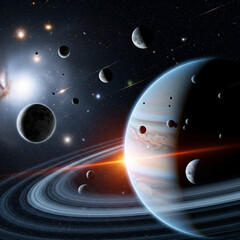 A breathtaking cosmic scene featuring a giant ringed planet, numerous moons, distant stars, and a swirling galaxy in deep space.