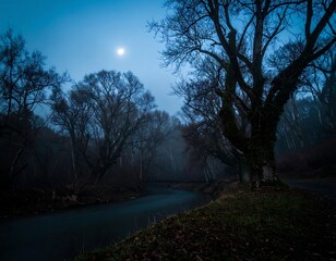 A moonlit, misty forest beside a still river