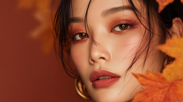 High-quality portrait of beautiful Asian woman with sophisticated autumn makeup, warm terracotta eyeshadow with golden shimmer, coral-brown lipstick, subtle peachy blush, natural Asian skin texture 