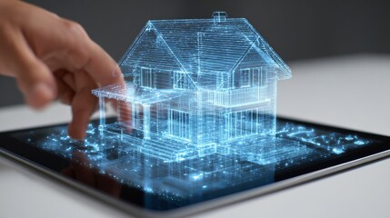 hand, 3d blue holographic house projected over tablet screen, advanced technology