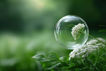 delicate soap bubble floats gracefully in air glimmers of light against softly blurred green background of lush