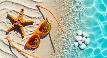 Vibrant orange sunglasses, a starfish, and white stones rest on light beige sand and a tranquil aqua-blue water's edge, creating a summery scene of relaxation and warmth.