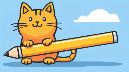 Happy orange tabby cat holding a giant yellow pencil