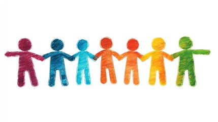 Colorful crayon figures holding hands, symbolizing unity and diversity.
