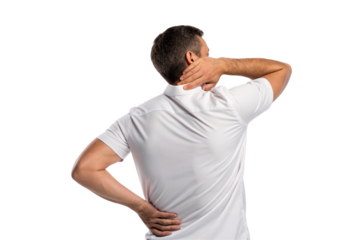 Adult male holding neck and back demonstrating musculoskeletal pain from poor posture or injury, isolated on a transparent background