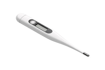 Electronic digital thermometer with button and display screen for precise temperature readings in medicine, isolated on a transparent background