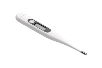Electronic digital thermometer with button and display screen for precise temperature readings in medicine, isolated on a transparent background