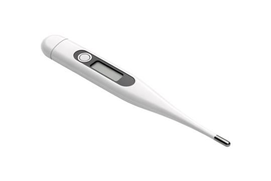 Electronic digital thermometer with button and display screen for precise temperature readings in medicine, isolated on a transparent background