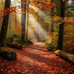 Sunlight filters through the canopy onto a vibrant autumn forest path covered in fallen red and orange leaves, creating a serene and picturesque scene.