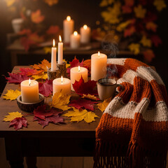Cozy autumn scene with lit candles, scattered fall leaves, a warm mug, and a striped scarf on a rustic wooden table.