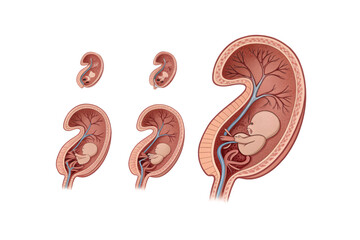 Medical illustration showing fetal development stages in kidney-shaped organs with developing babies at different growth phases, isolated on a transparent background