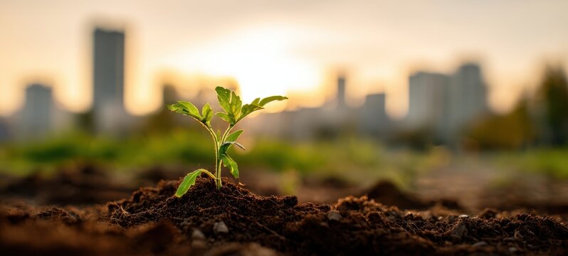 The little plant emerging from the soil against an urban backdrop at sunrise.