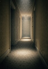Dusty, empty hallway in a decaying building