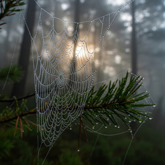 Spiderweb covered in dewdrops glistening in a misty forest with sunlight filtering through the trees, creating a serene and ethereal morning scene.