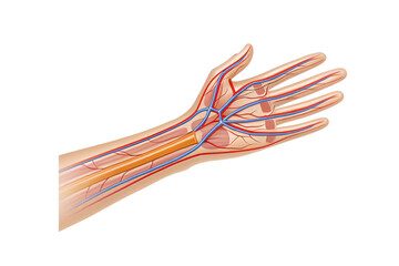 Anatomical illustration of human arm showing blood vessels, arteries, veins with red and blue color coding throughout hand, isolated on a transparent background